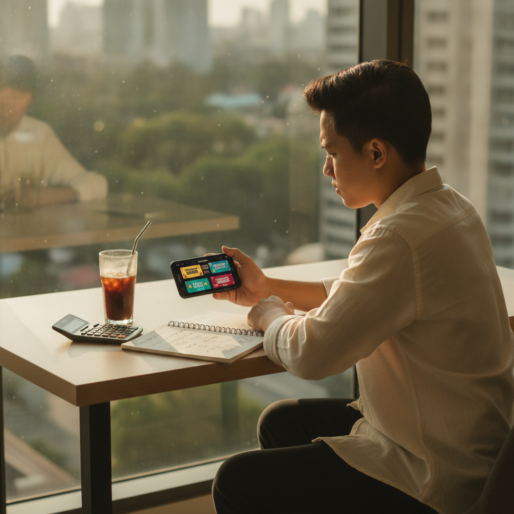 Filipino player comparing casino bonus offers on mobile phone at home desk